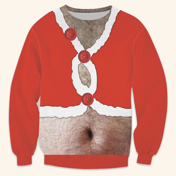 Red cardigan sweater with a printed hairy chest and belly